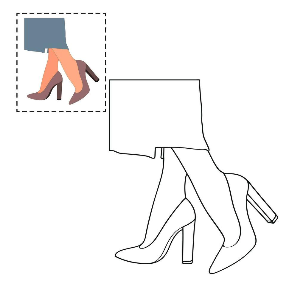 Kinder- Färbung Buch zum Mädchen. weiblich Beine im ein Pose. Schuhe Stilettos, hoch Absätze vektor