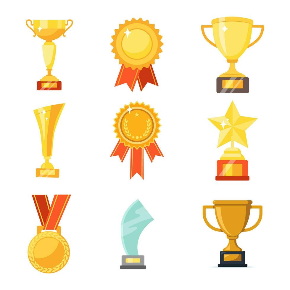 uppsättning med tilldela, tilldela med siffra 1, ett, trofén kopp, trofén kopp med stjärna vinnare medalj, trofén stjärna, användare med betyg vektor ikon