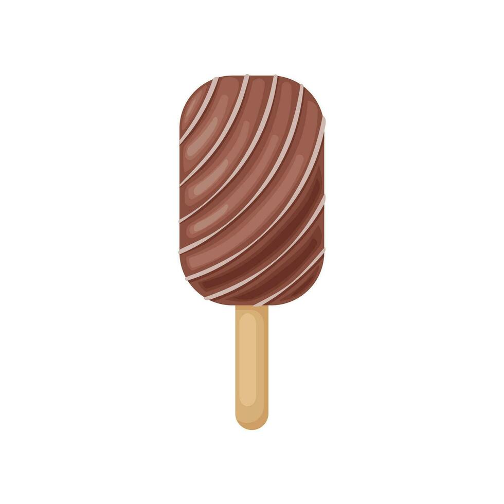 Schokolade Eis Creme. Eis am Stiel Eis Sahne auf ein Stock im Schokolade Glasur. kalt Nachtisch. Vektor Illustration isoliert auf ein Weiß Hintergrund