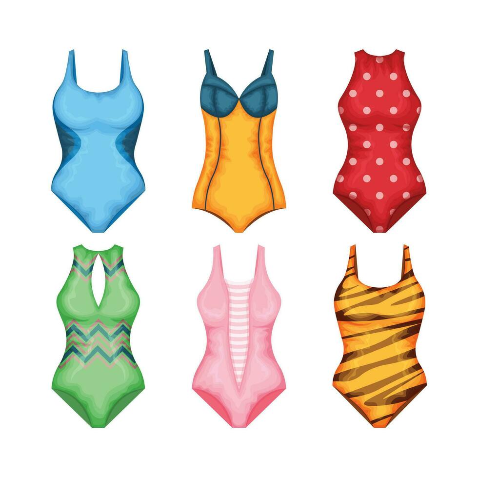 Badebekleidung Satz. ein einstellen von vier Badeanzüge im anders Farben. Frauen s Strandkleidung. ein Baden Zubehörteil. Vektor Illustration