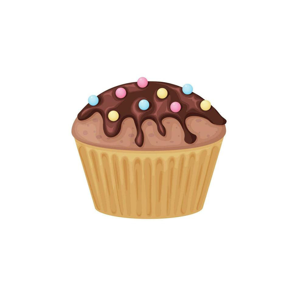 Cupcake. Schokolade Cupcake mit Konfetti. Schokolade Kuchen. Süss Nachtisch. Vektor Illustration isoliert auf ein Weiß Hintergrund