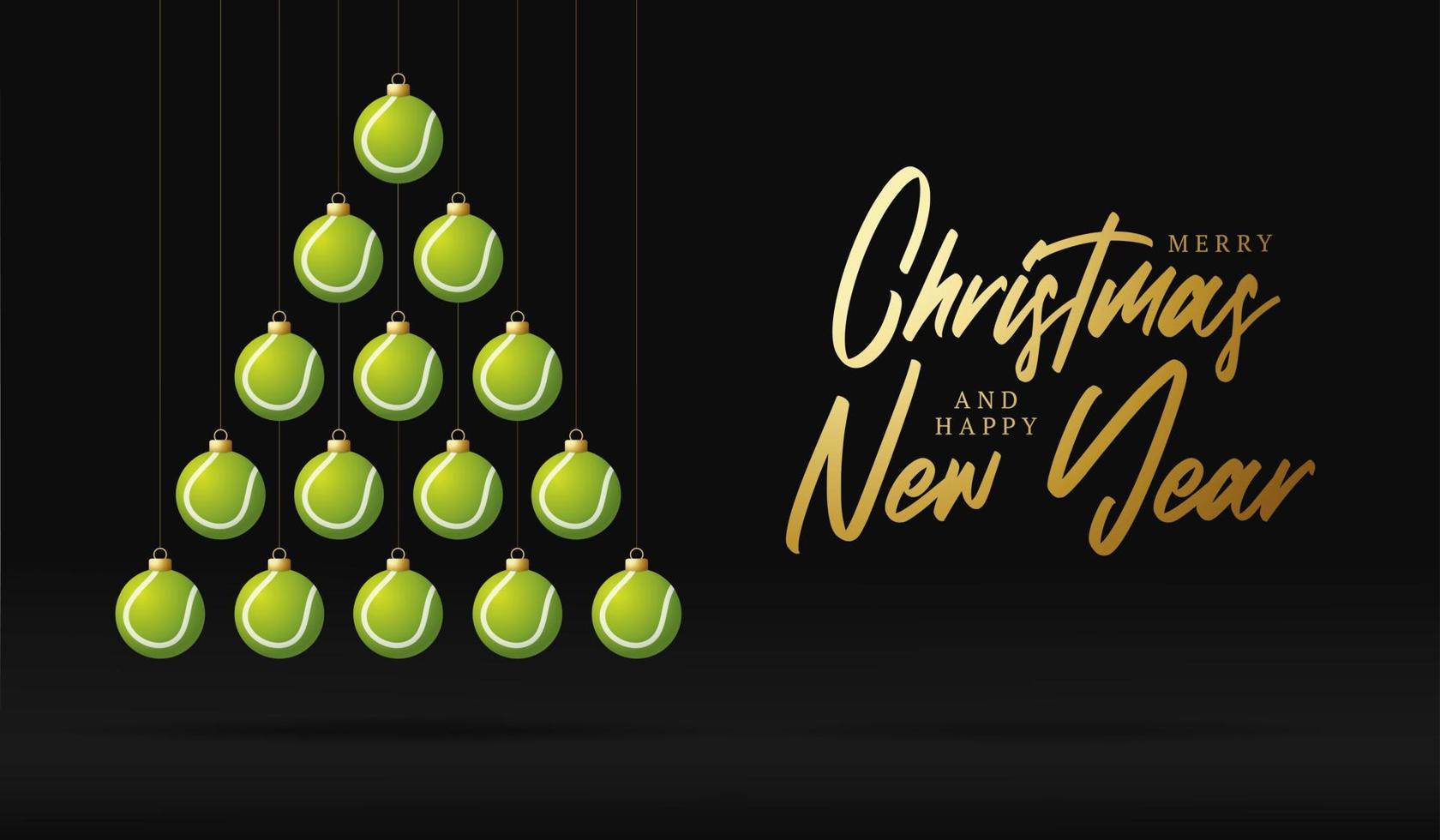 tennis jul och nyår gratulationskort snubbla träd. kreativa julgran gjord av tennisboll på svart bakgrund för jul och nyårsfirande. sport gratulationskort vektor
