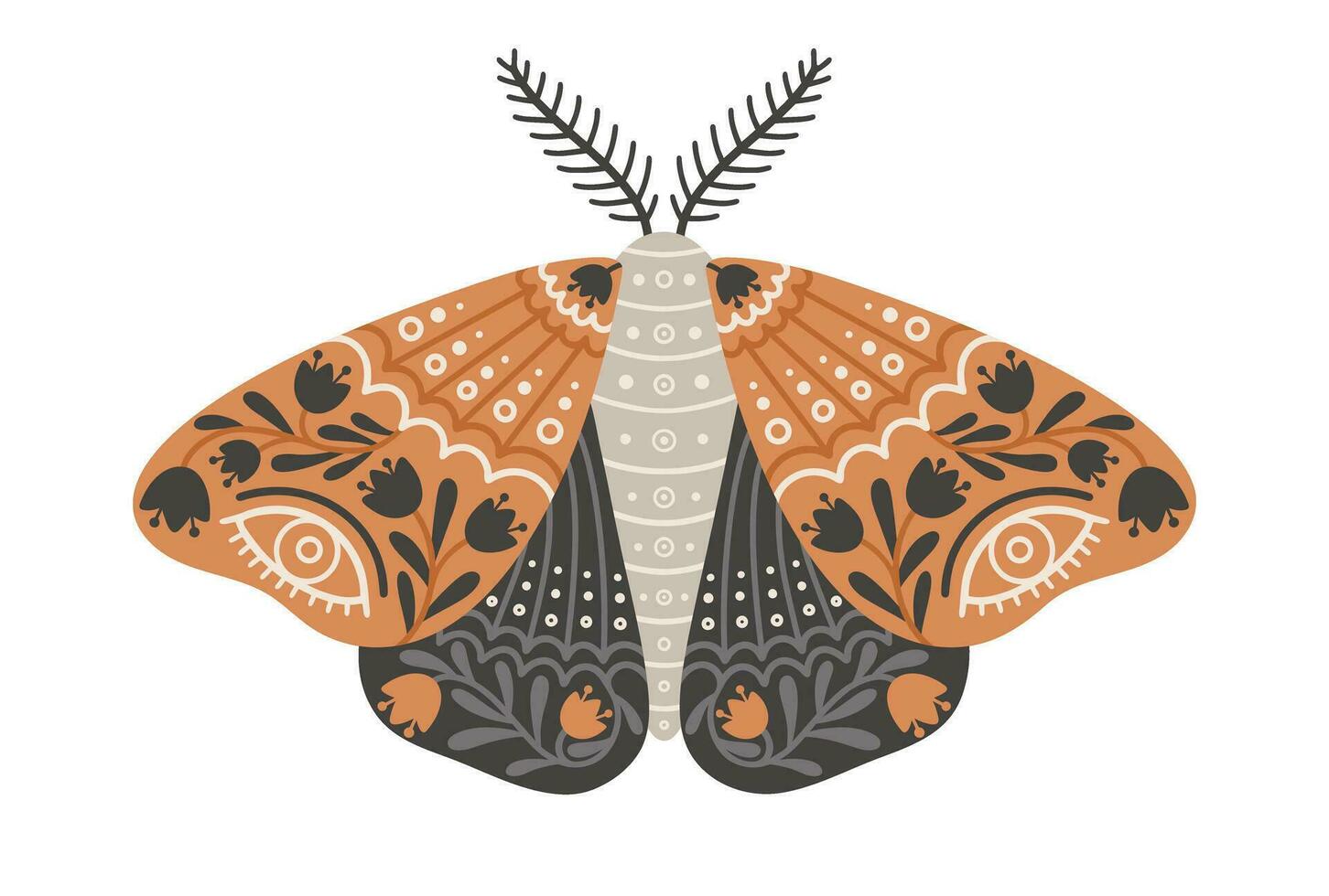 Schmetterling Symbol mit Blumen- Ornament. Jahrgang mystisch Schmetterling oder Motte. fliegend himmlisch Insekt, Vektor Illustration