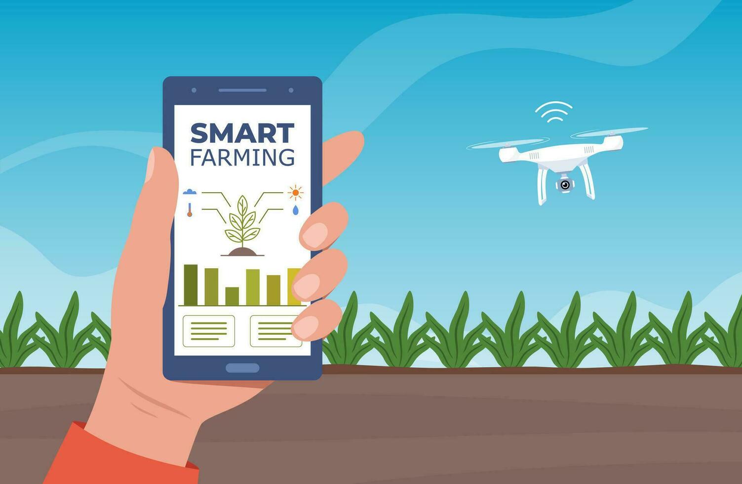 Clever Landwirtschaft, futuristisch Technologien im Bauernhof Industrie. Smartphone mit App zum Steuerung Pflanzen wachsend, Drohne, landwirtschaftlich Automatisierung. Betten mit landwirtschaftlich Getreide. Vektor Illustration.