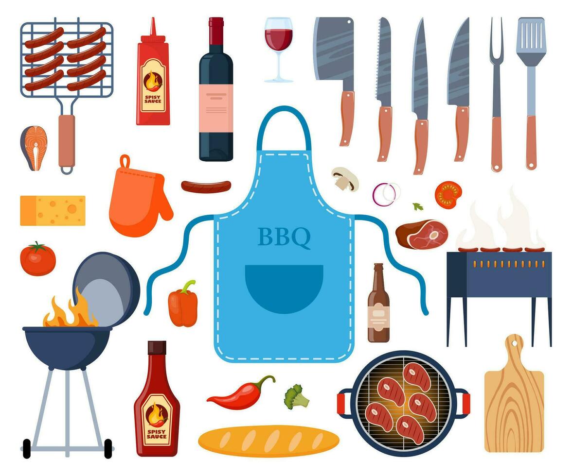 utegrill Utrustning, utomhus- bbq picknick element. grillad korvar, kött, grönsaker, drycker, och mat för de sommar grill fest. matlagning verktyg och kött. vektor illustration.