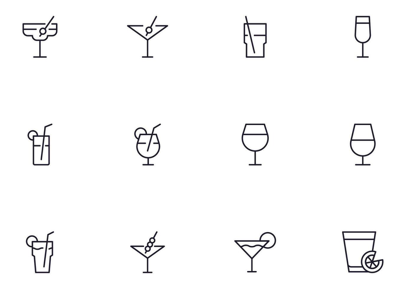 Sammlung von modern Cocktail Gliederung Symbole. einstellen von modern Abbildungen zum Handy, Mobiltelefon Apps, Netz Websites, Flyer, Banner usw isoliert auf Weiß Hintergrund. Prämie Qualität Zeichen. vektor