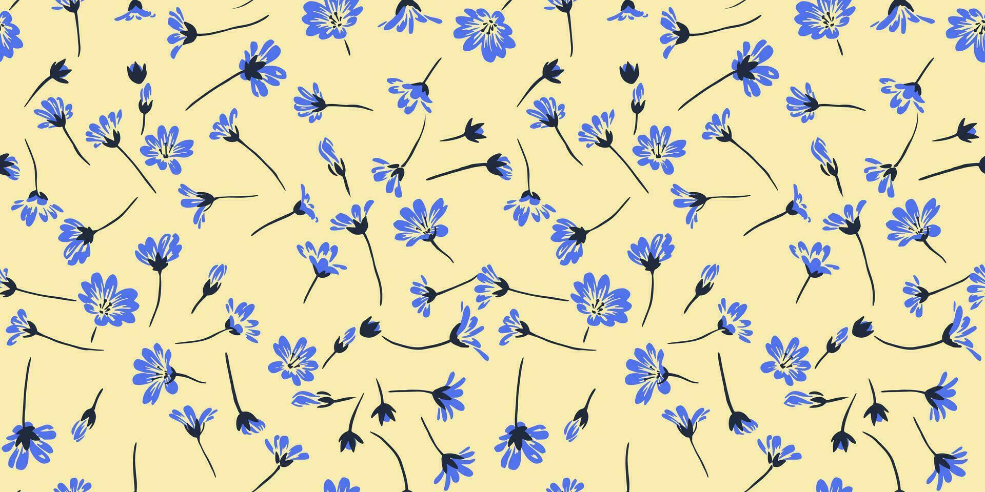 Kunst einfach Blau winzig Blumen- Muster auf ein Gelb Hintergrund. Vektor Hand gezeichnet skizzieren. kreativ gestalten wild Blumen Drucken. Design zum Mode, Stoff, und Textil.