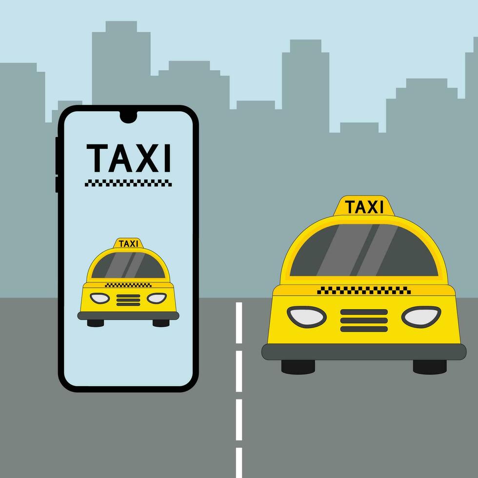 online Taxi Bedienung im ein Handy, Mobiltelefon Anwendung mit ein Gelb Taxi. das Konzept von ein Taxi Bestellung Service. vektor