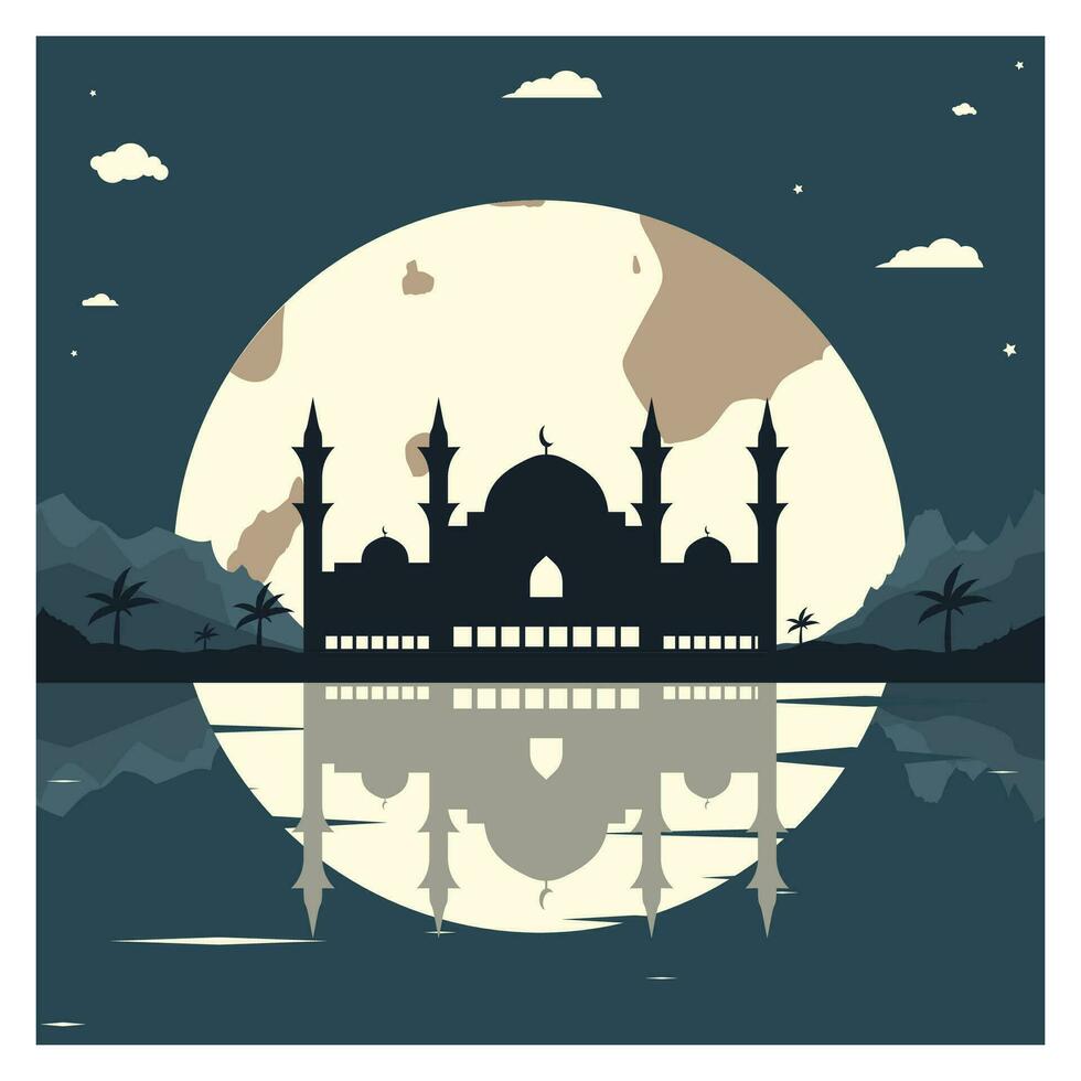 moské silhuett med bergen och full måne i de bakgrund vektor
