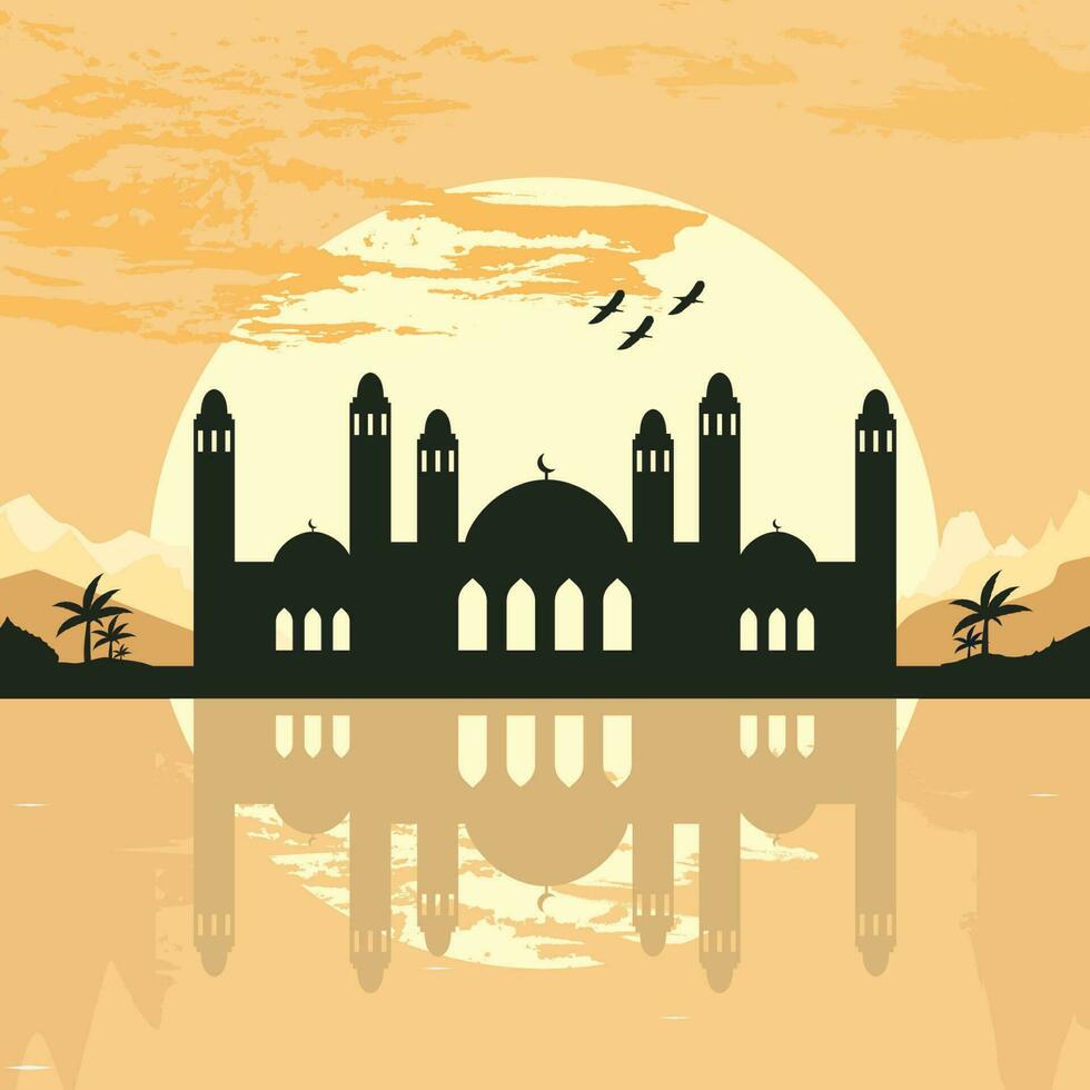 moské silhuett med bergen och solnedgång i de bakgrund vektor