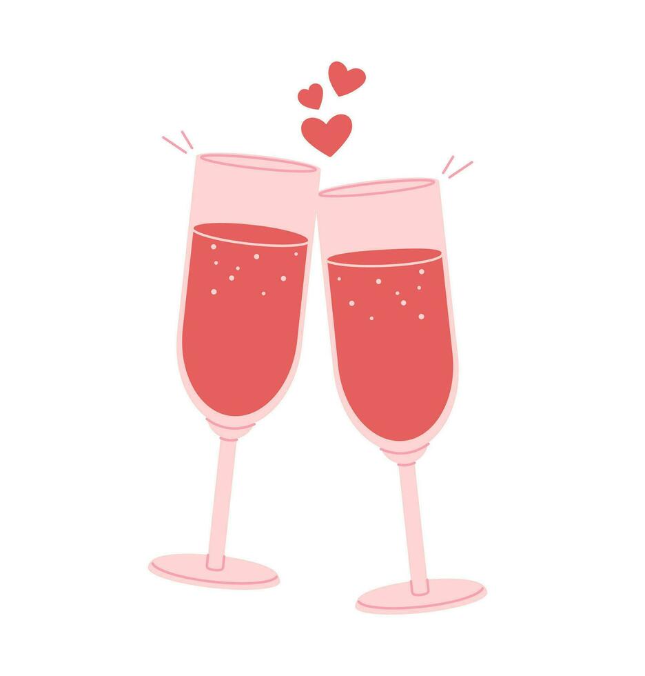 två glasögon av vin med rosa hjärtan på vit bakgrund. hjärtans dag dekoration element. vektor illustration