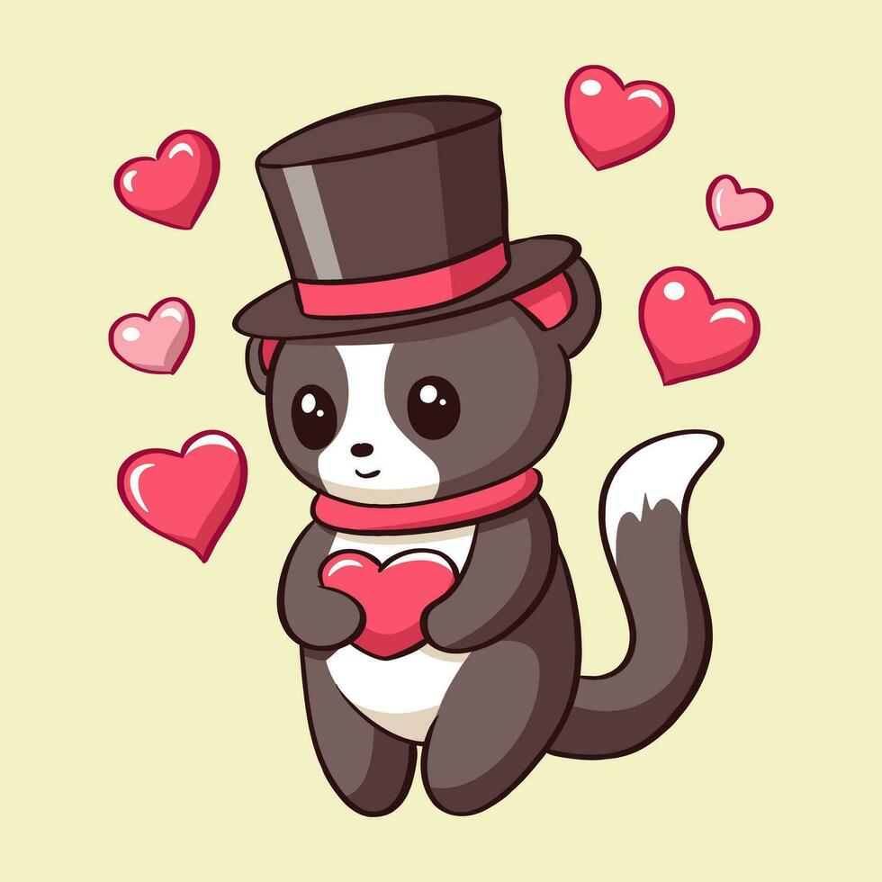 vektor illustration söt katt med hatt för valentines dag kärlek hjärta