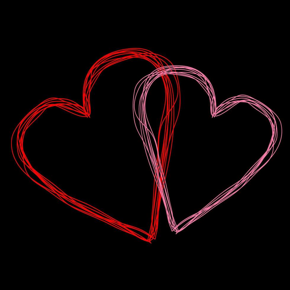 vektor teckning av två hjärtan i klotter stil på en svart bakgrund
