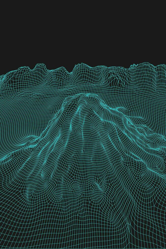 blå abstrakt vektor trådmodell landskap bakgrund. 3d trogen maska berg. 80s retro illustration. cyberrymden teknologi dalar