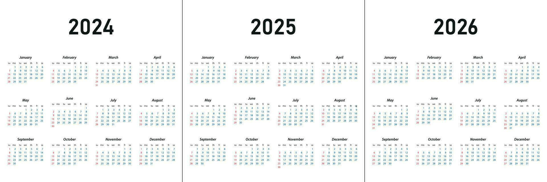 Kalender 2024, Kalender 2025, Kalender 2026 Woche Start Sonntag vektor
