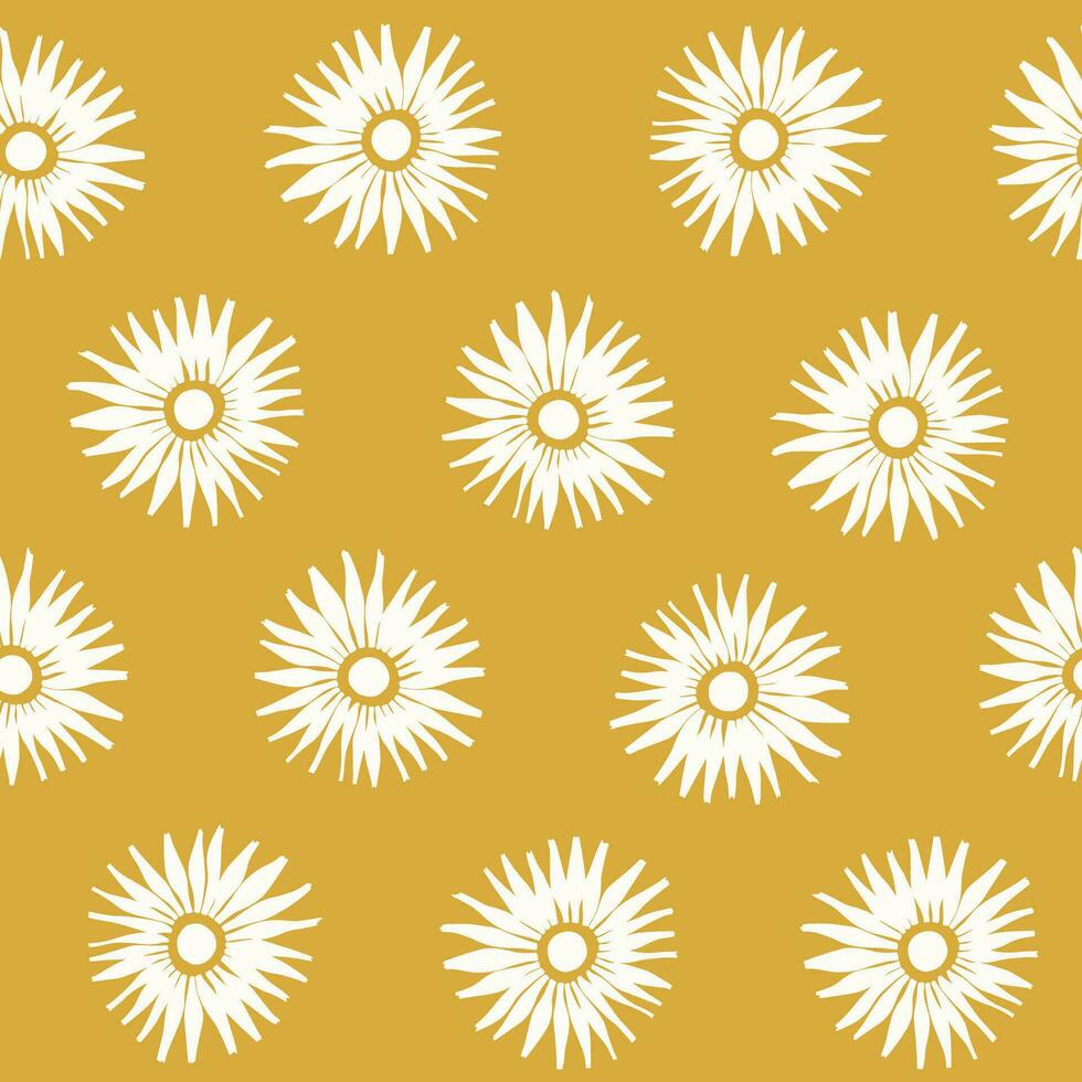 abstrakt vit blommor sömlös mönster på gul bakgrund. geometrisk cirkel upprepa mönster i minimalistisk stil. tyg, papper, Kläder vår sommar design. vektor