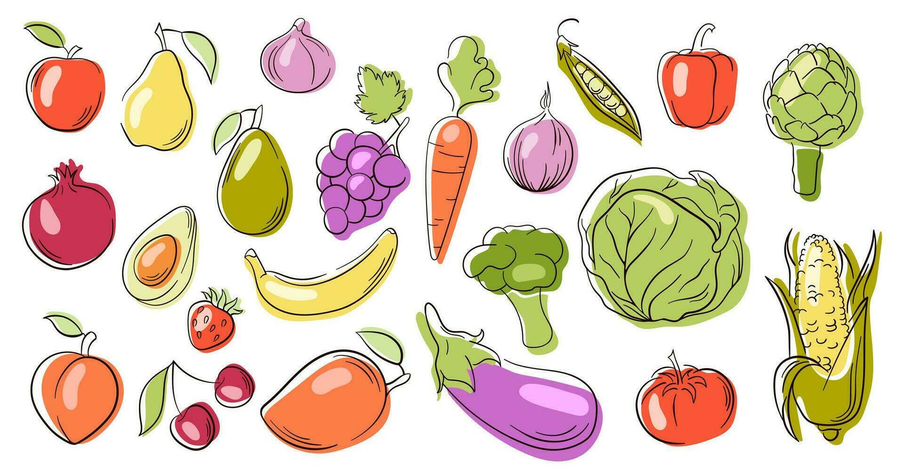 frukt och grönsaker samling i en linje konst, platt stil. mango, majs,, körsbär, jordgubbe, äggplanta, avokado, morot. vektor illustration isolerat på en vit bakgrund.