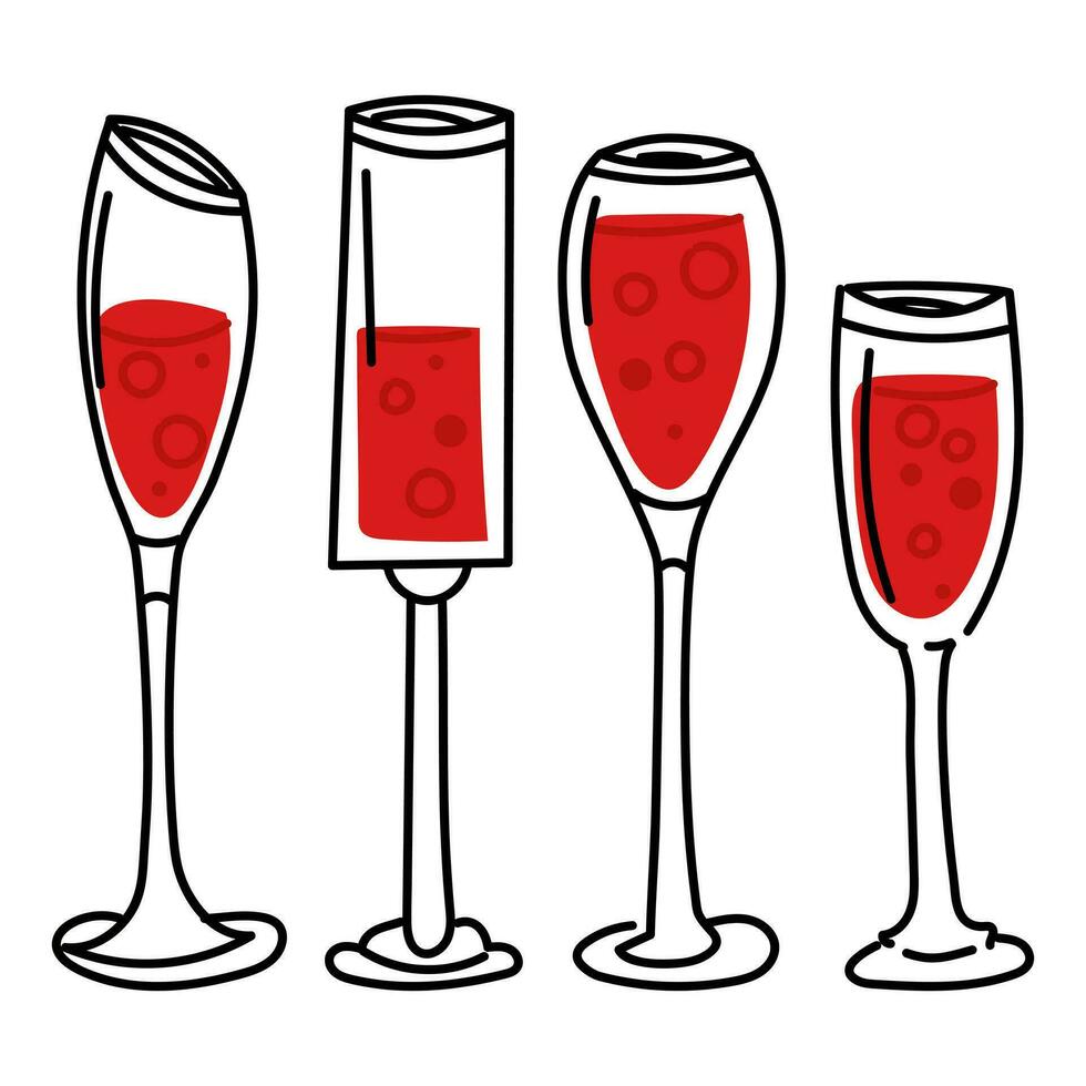 Brille mit alkoholisch Getränke. Brille gefüllt mit rot Alkohol. ein einstellen von eben Vektor Gekritzel Illustrationen. Valentinstag Tag im rot und schwarz Farben isoliert auf ein Weiß Hintergrund