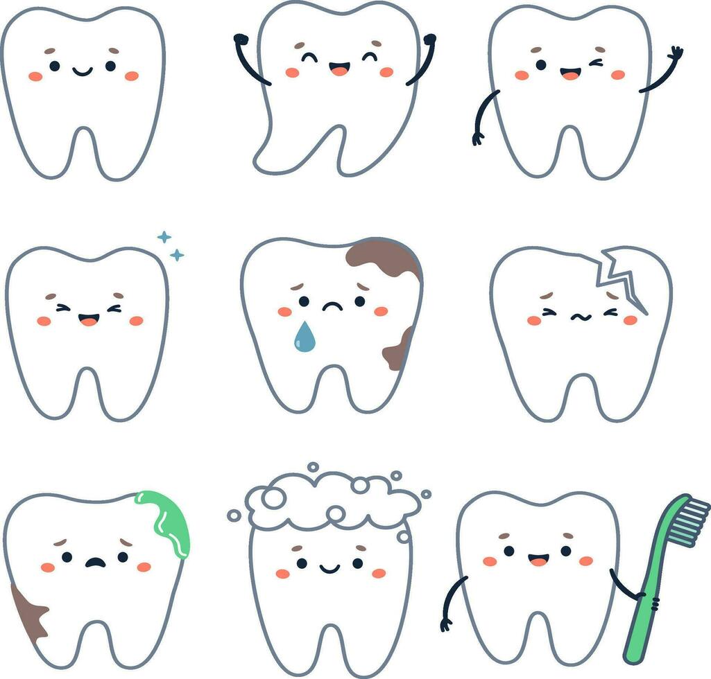 Vektor Dental Satz. süß Zähne mit Gesichter, traurig und lustig, gesund Zähne und Zähne mit Karies