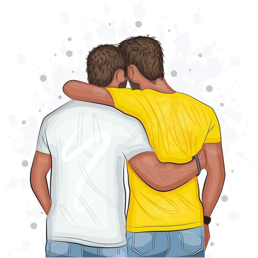 männlich Freundschaft zwei gut aussehend Männer umarmen oder homosexuell Mode Vektor Illustration
