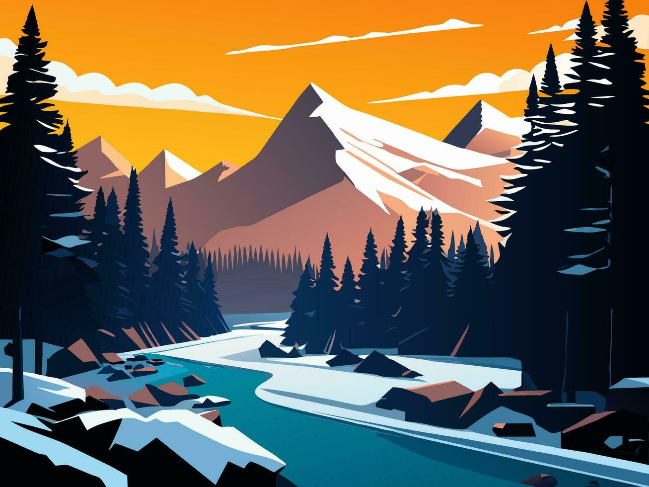 Winter Landschaft mit Fluss und Berg eben Vektor Kunst