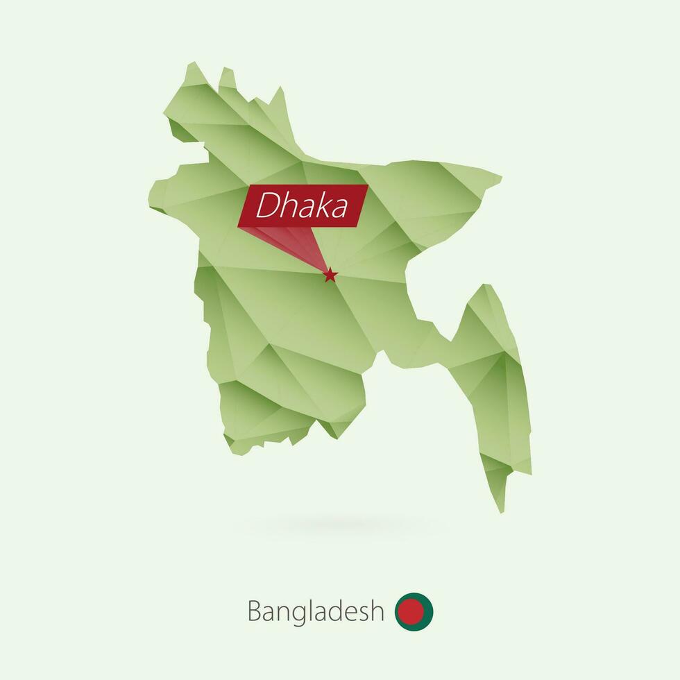 grön lutning låg poly Karta av bangladesh med huvudstad dhaka vektor