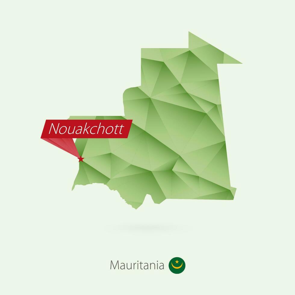 Grün Gradient niedrig poly Karte von Mauretanien mit Hauptstadt nouakchott vektor