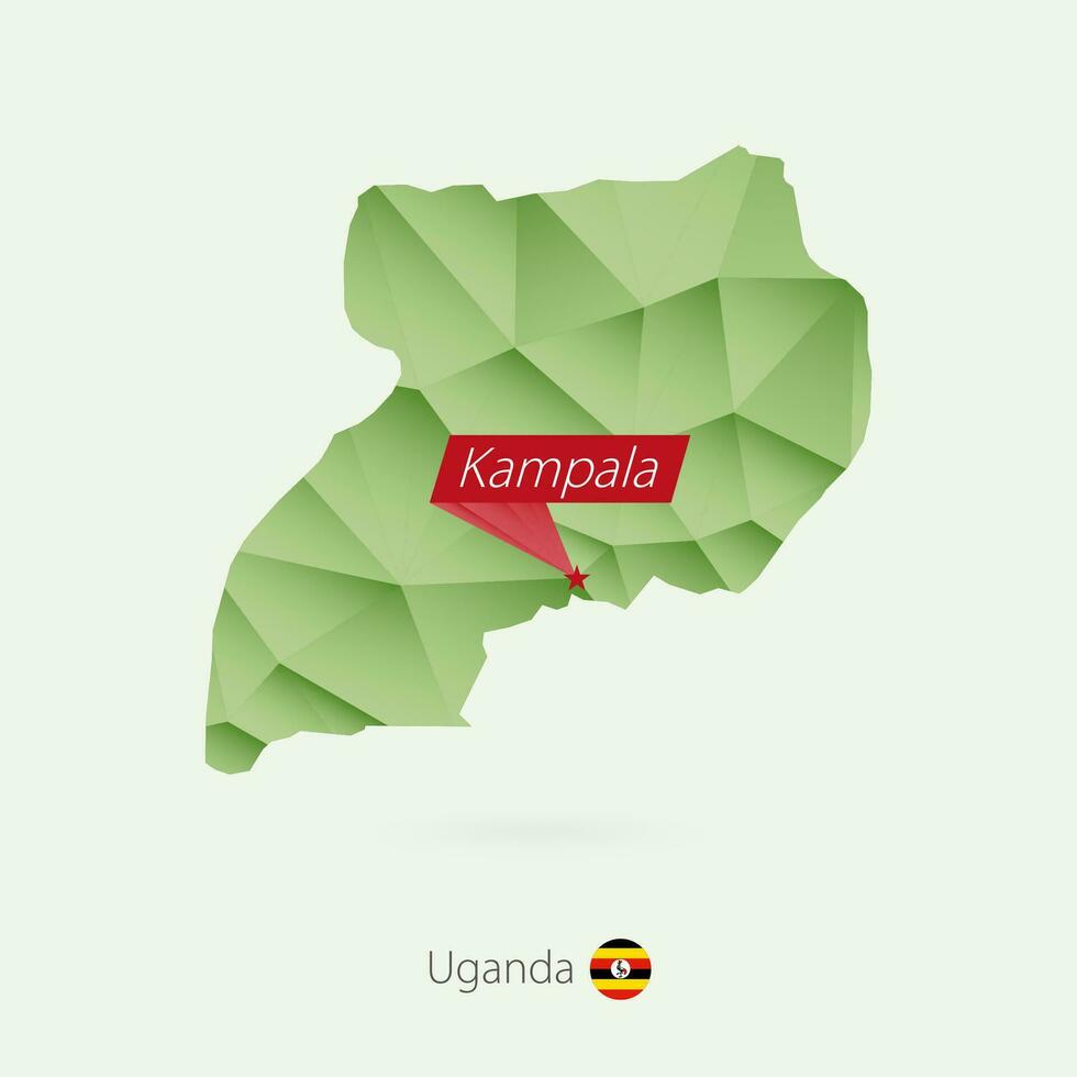 Grün Gradient niedrig poly Karte von Uganda mit Hauptstadt Kampala vektor