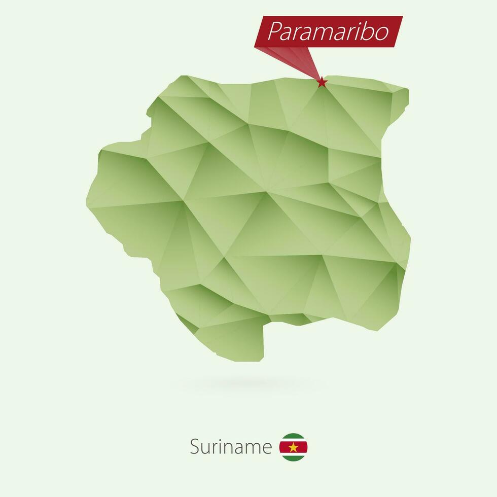 Grün Gradient niedrig poly Karte von suriname mit Hauptstadt Paramaribo vektor