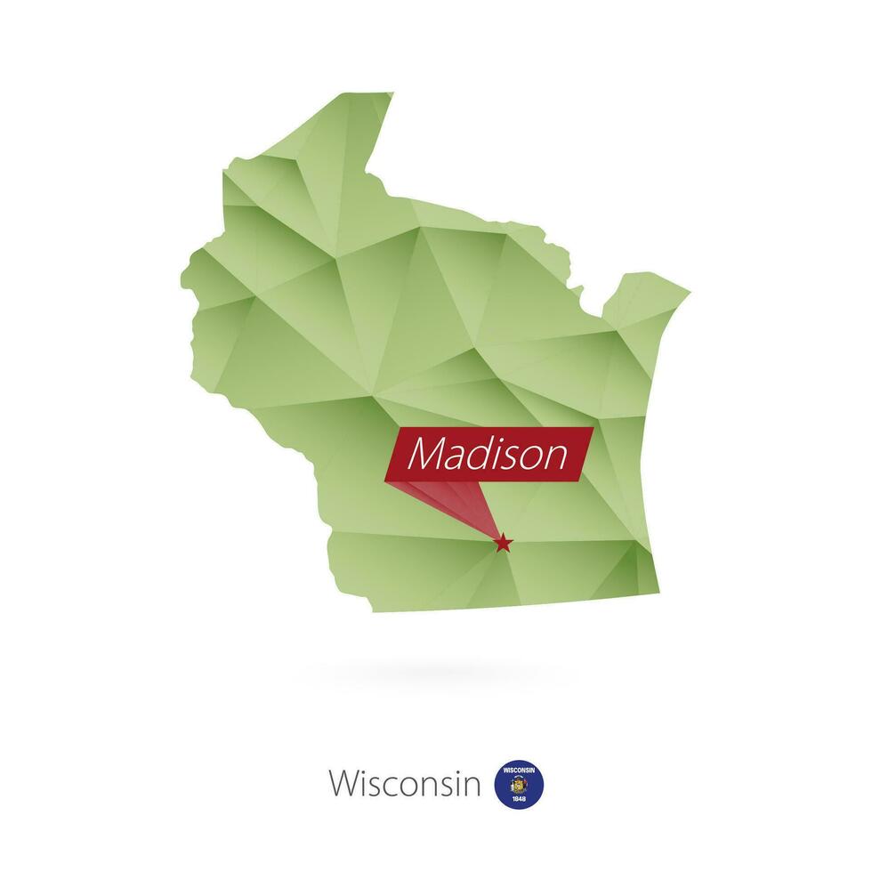 Grün Gradient niedrig poly Karte von Wisconsin mit Hauptstadt Madison vektor