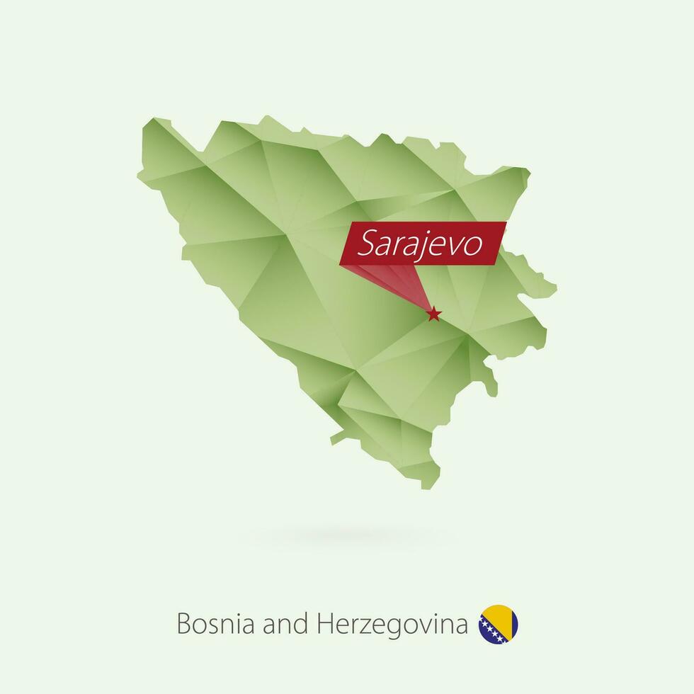 grön lutning låg poly Karta av bosnien och herzegovina med huvudstad sarajevo vektor