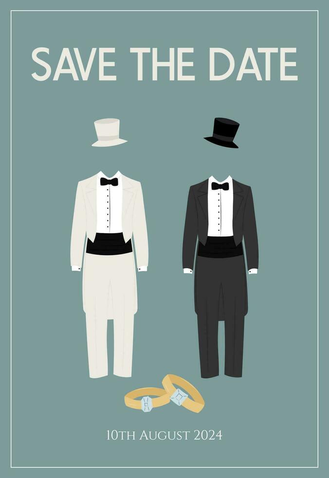 bröllop inbjudan för de bröllop av två män med två svart och vit frackar. vektor