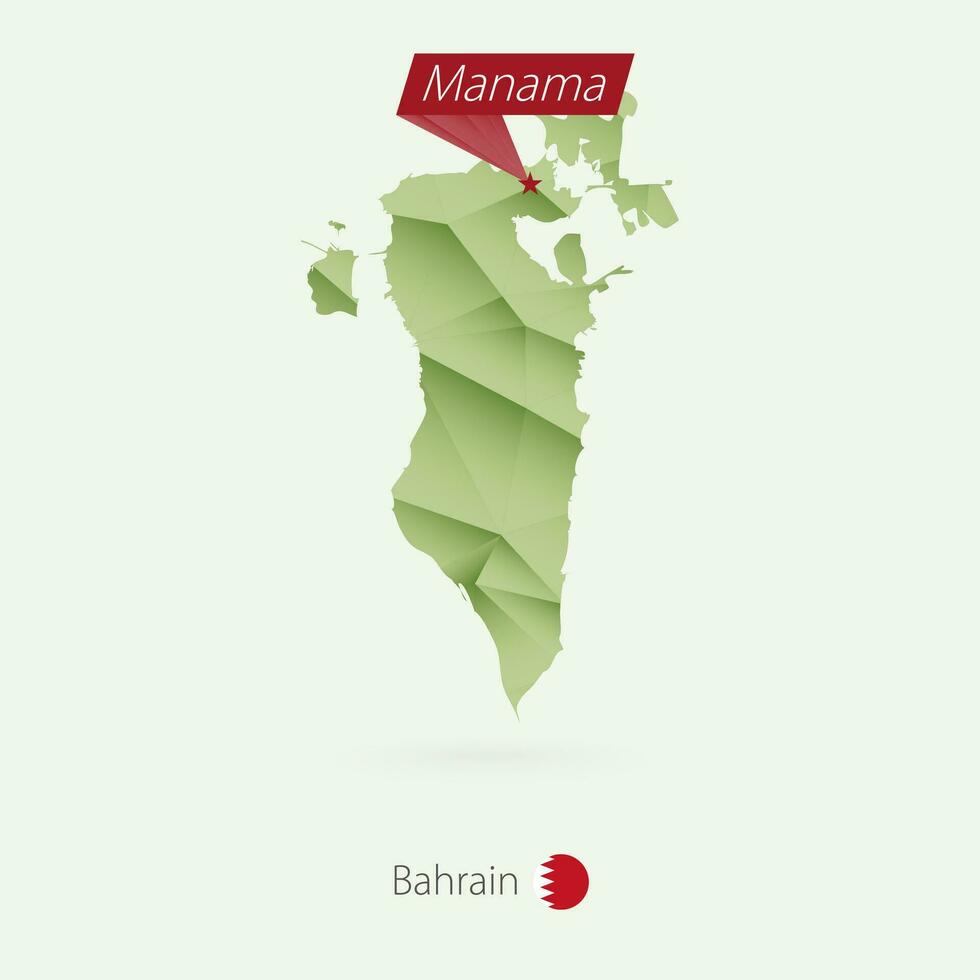 grön lutning låg poly Karta av bahrain med huvudstad manama vektor