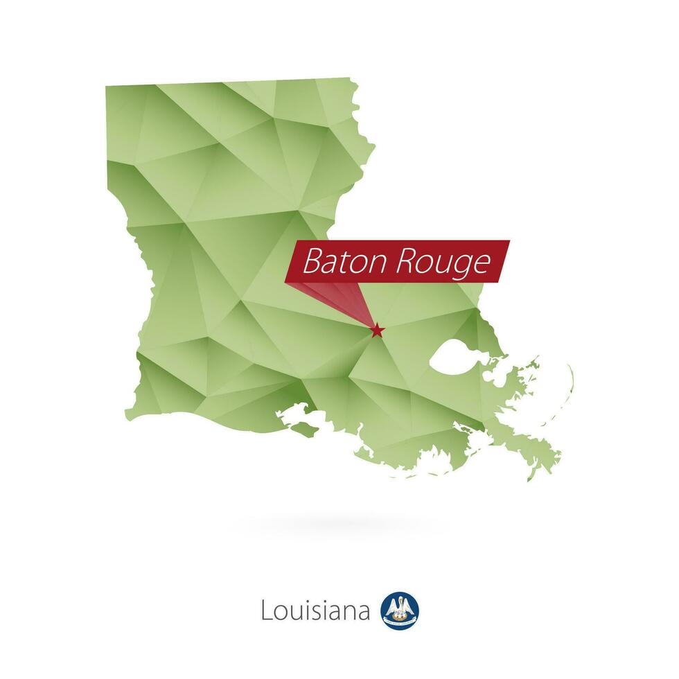 Grün Gradient niedrig poly Karte von Louisiana mit Hauptstadt Taktstock Rouge vektor