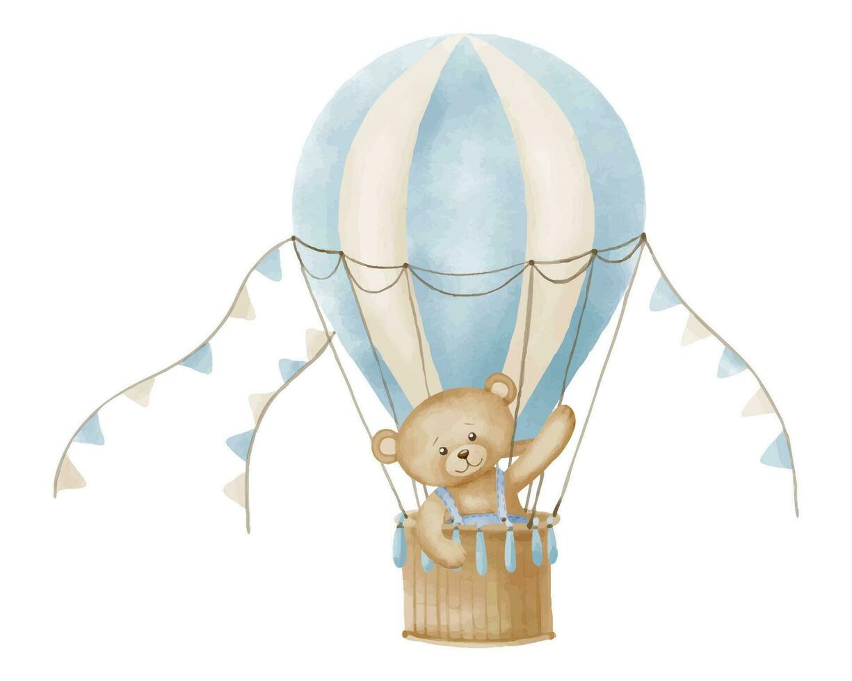 luft ballong med teddy Björn. årgång vattenfärg illustration för bebis dusch hälsning kort eller barn fest inbjudningar. teckning av gammal retro flygplan för unge design i pastell blå färger vektor