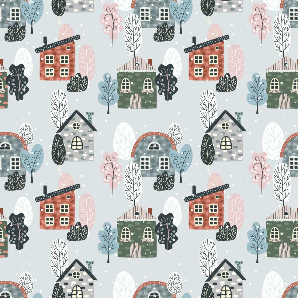 Winter Stadt. Häuser im das Schnee, Bäume. Vektor Muster