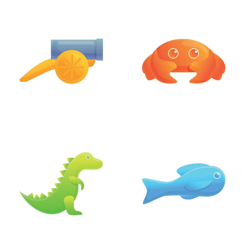 strand leksak ikoner uppsättning tecknad serie vektor. olika färgrik barn leksak vektor