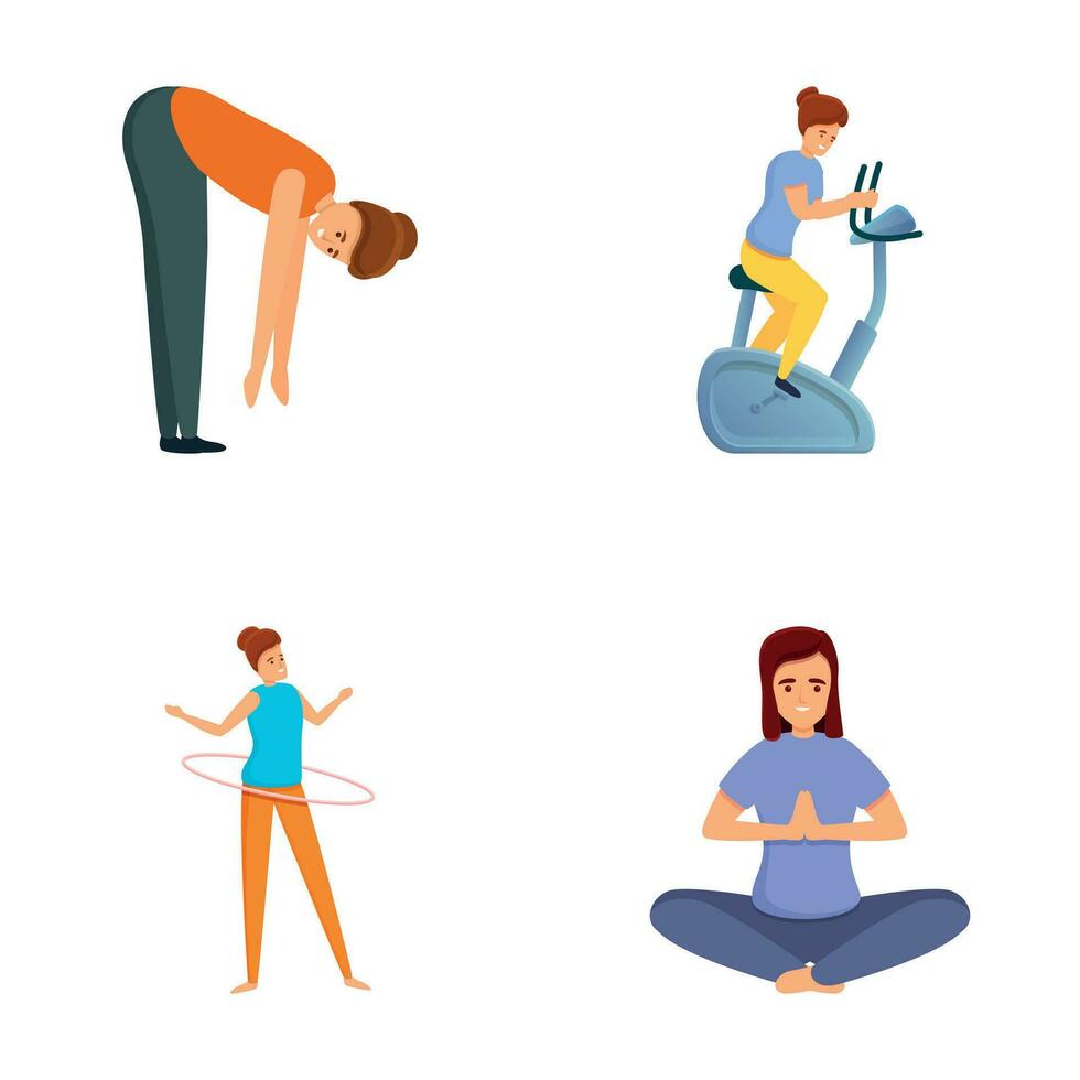 Gym övning ikoner uppsättning tecknad serie vektor. människor håller på med sport övning vektor