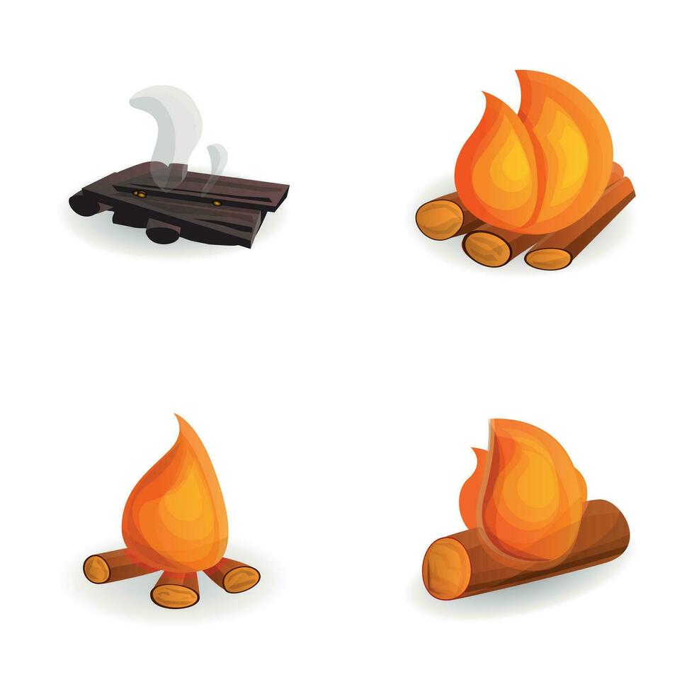 lägereld ikoner uppsättning tecknad serie vektor. brinnande och släckt brand vektor