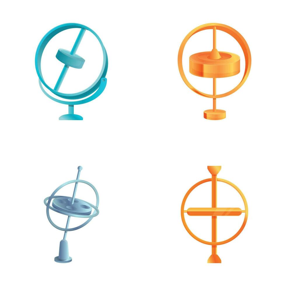 gyroskop verktyg ikoner uppsättning tecknad serie vektor. olika gyroskop med roterande skiva vektor