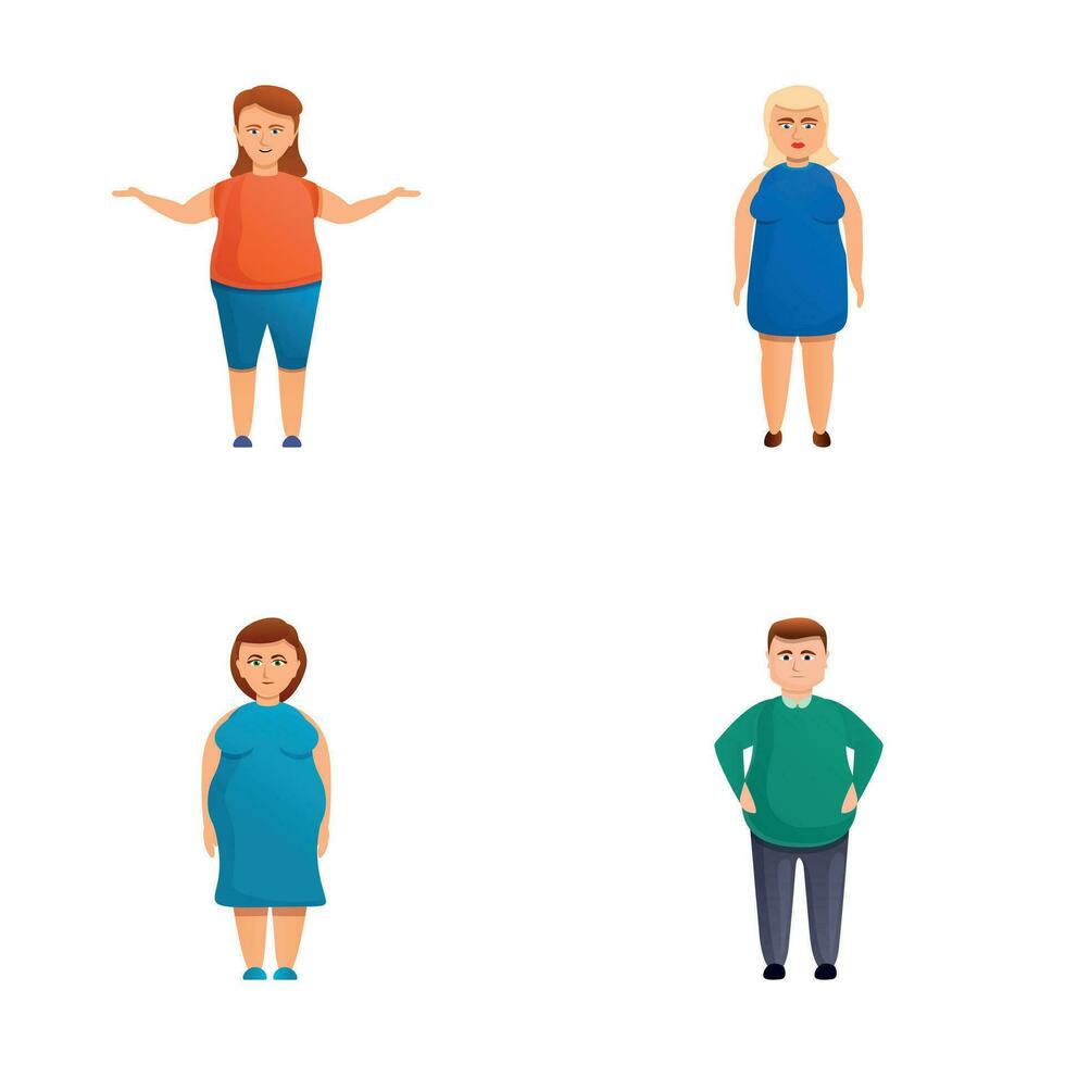 Übergewicht Menschen Symbole einstellen Karikatur Vektor. Mann und Frau Übergewicht vektor