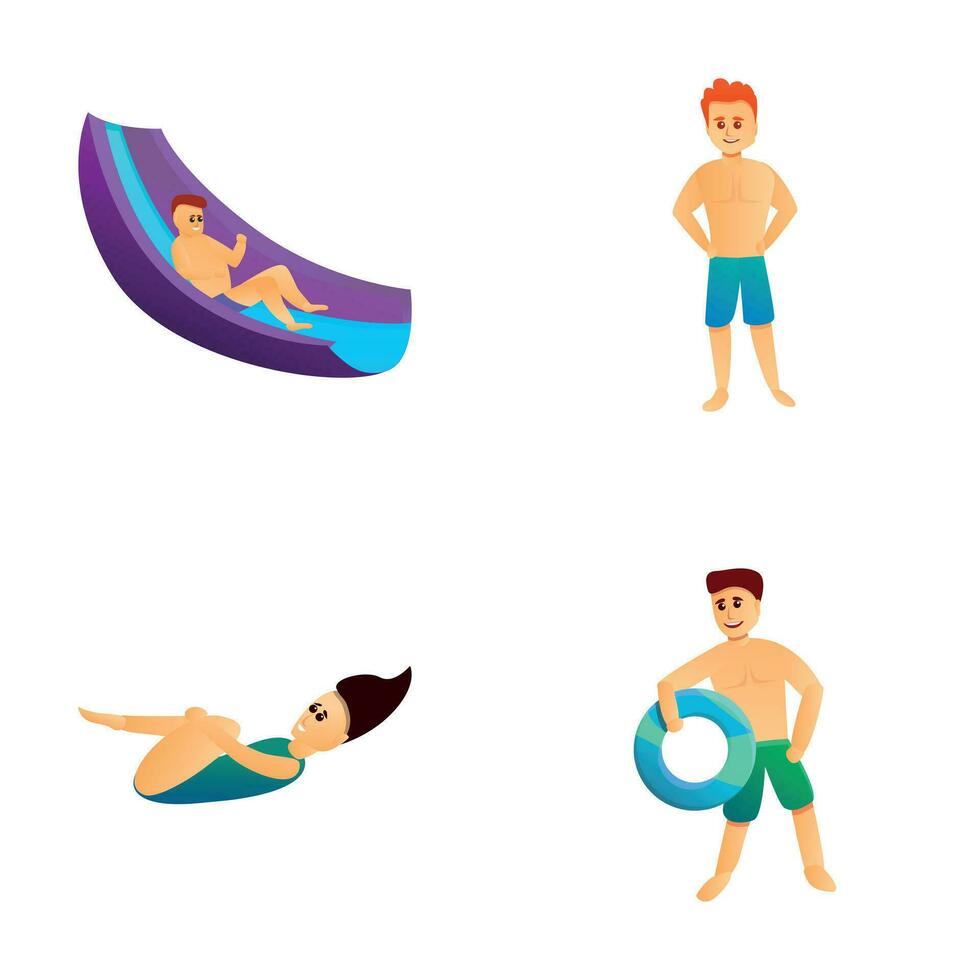 Vattenland rekreation ikoner uppsättning tecknad serie vektor. människor under sommar Semester vektor