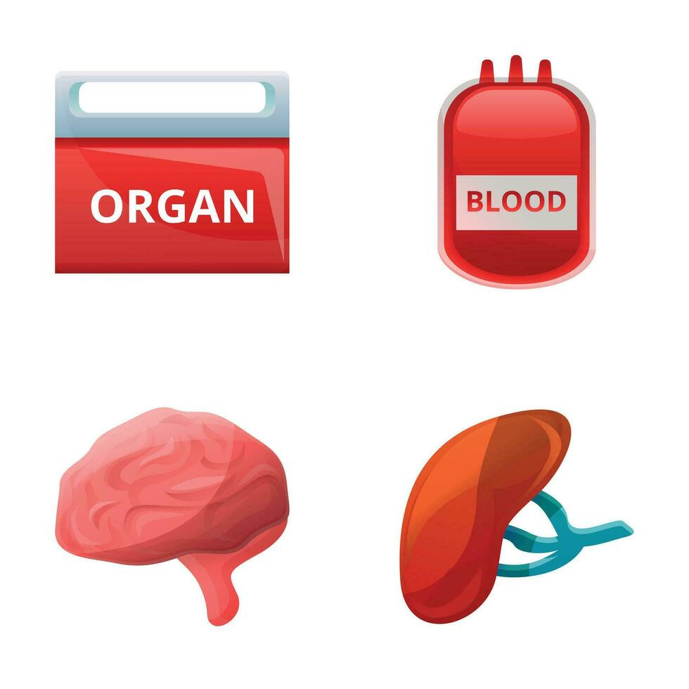 Organ Transplantation Symbole einstellen Karikatur Vektor. Mensch Organ und Blut Reservieren vektor