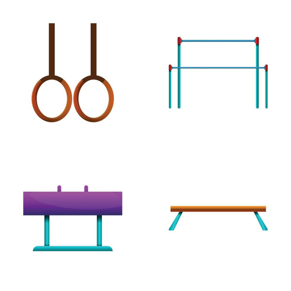 gymnastiska Utrustning ikoner uppsättning tecknad serie vektor. ringar pommel häst horisontell bar vektor