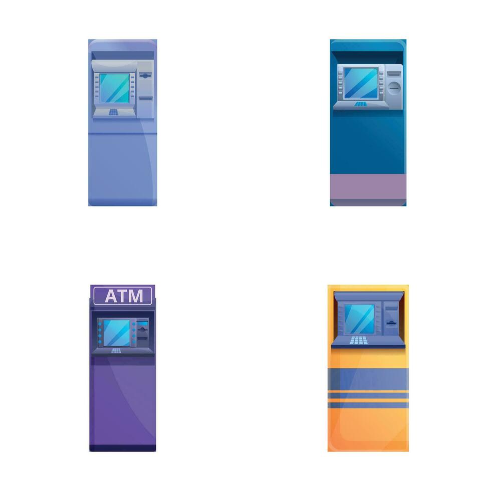 Geldautomat Symbole einstellen Karikatur Vektor. verschiedene Kasse Maschine vektor