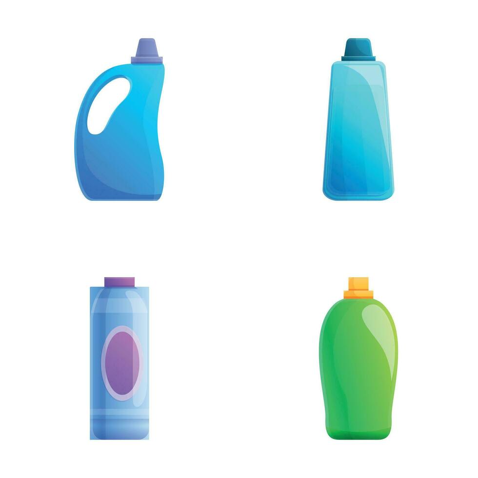Reinigung Konzept Symbole einstellen Karikatur Vektor. verschiedene Plastik Waschmittel Flasche vektor