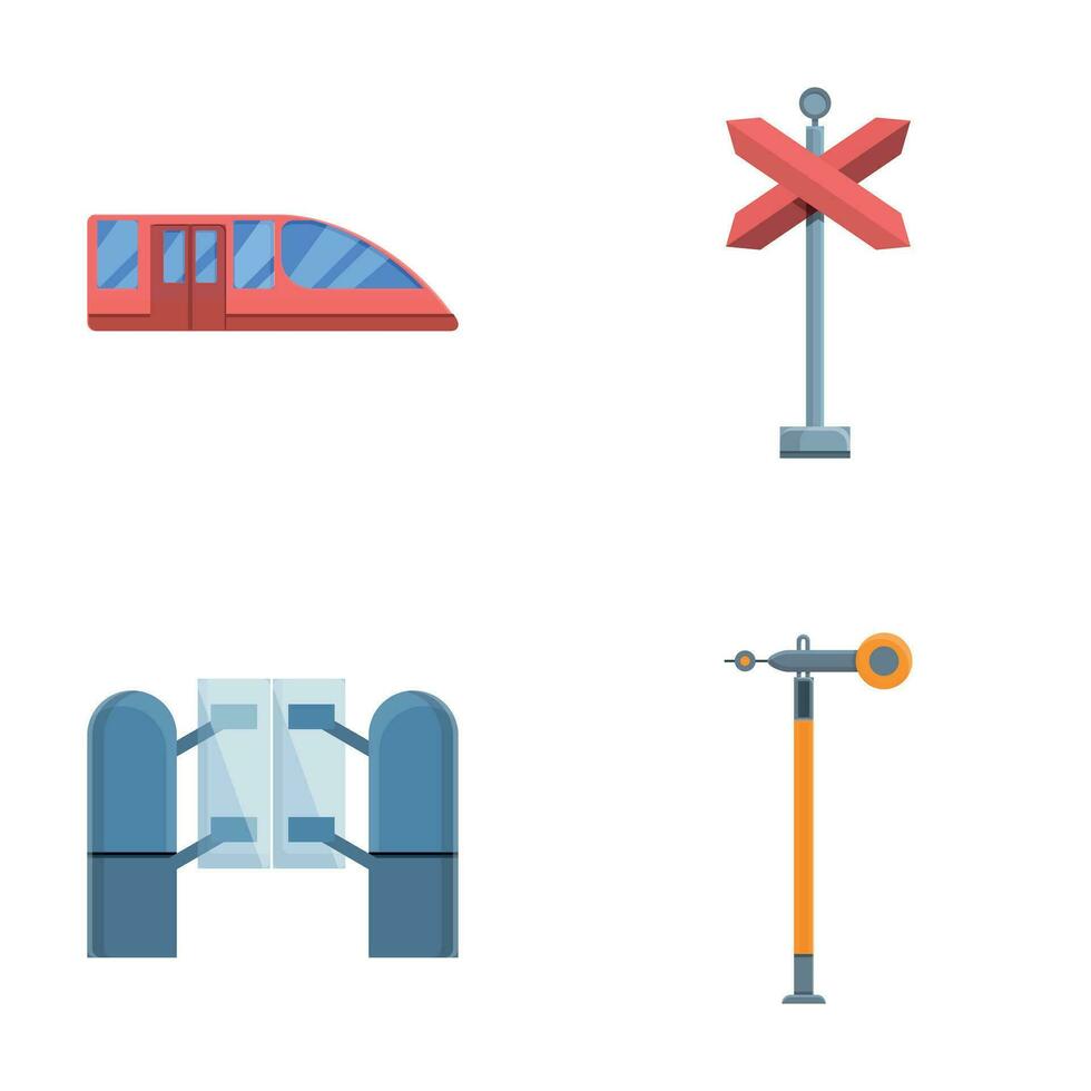 järnväg transport ikoner uppsättning tecknad serie vektor. tåg semafor och barriär vektor
