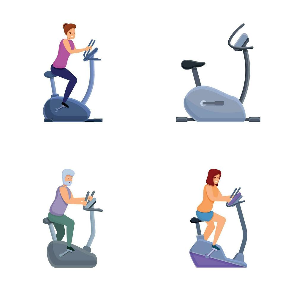 sportig mänsklig ikoner uppsättning tecknad serie vektor. människor tåg på sport övning cykel vektor