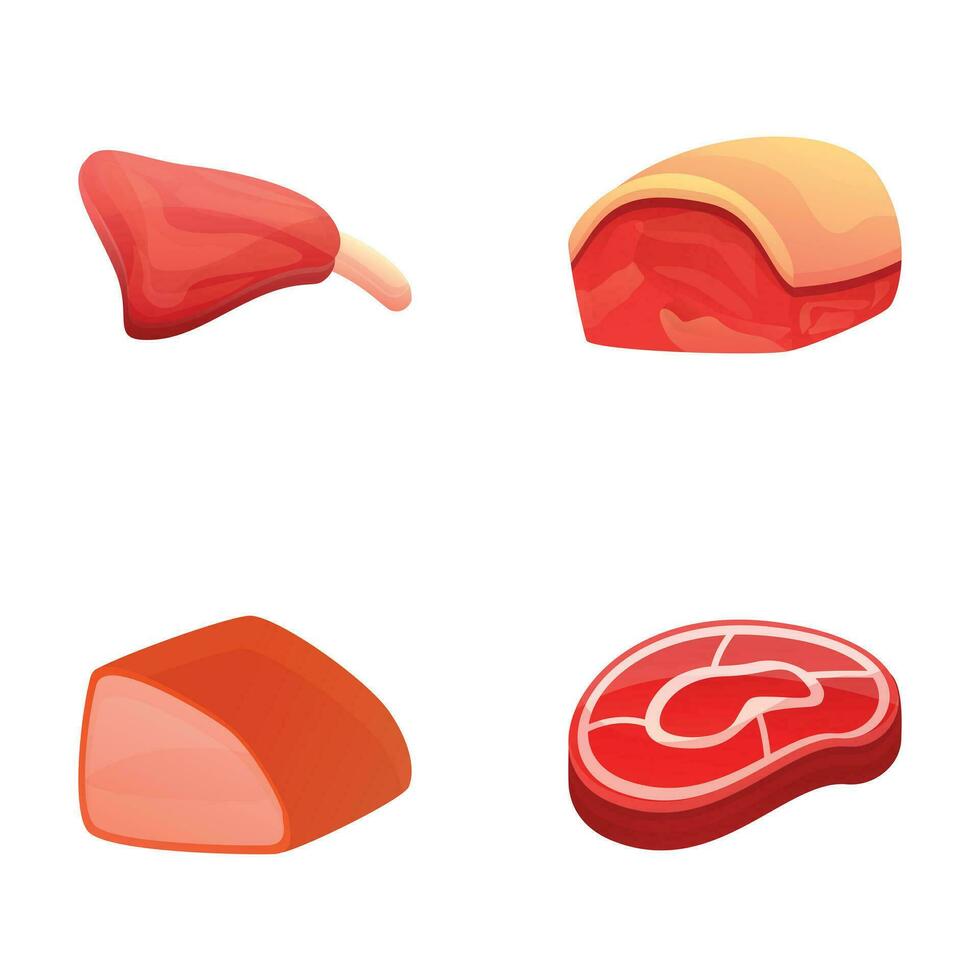 kött mat ikoner uppsättning tecknad serie vektor. olika typ av färsk kött produkt vektor
