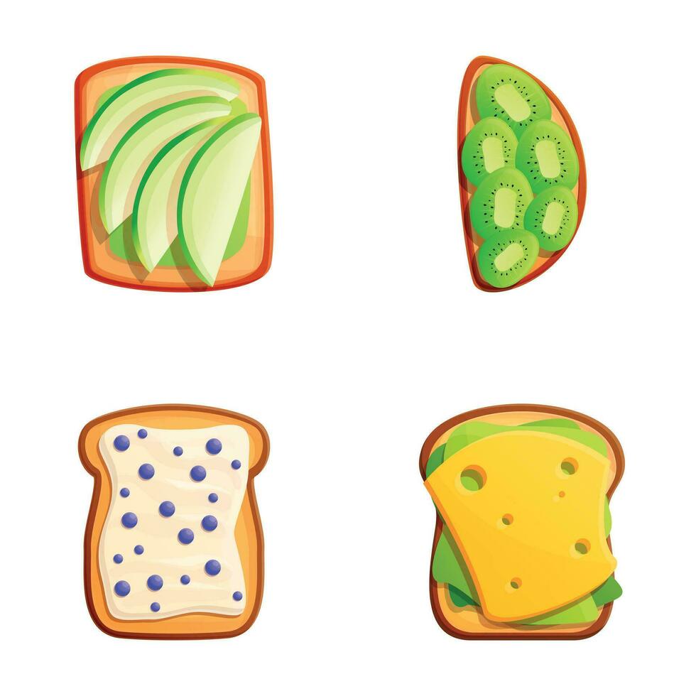 Frühstück Essen Symbole einstellen Karikatur Vektor. Sandwich mit Käse und Obst vektor